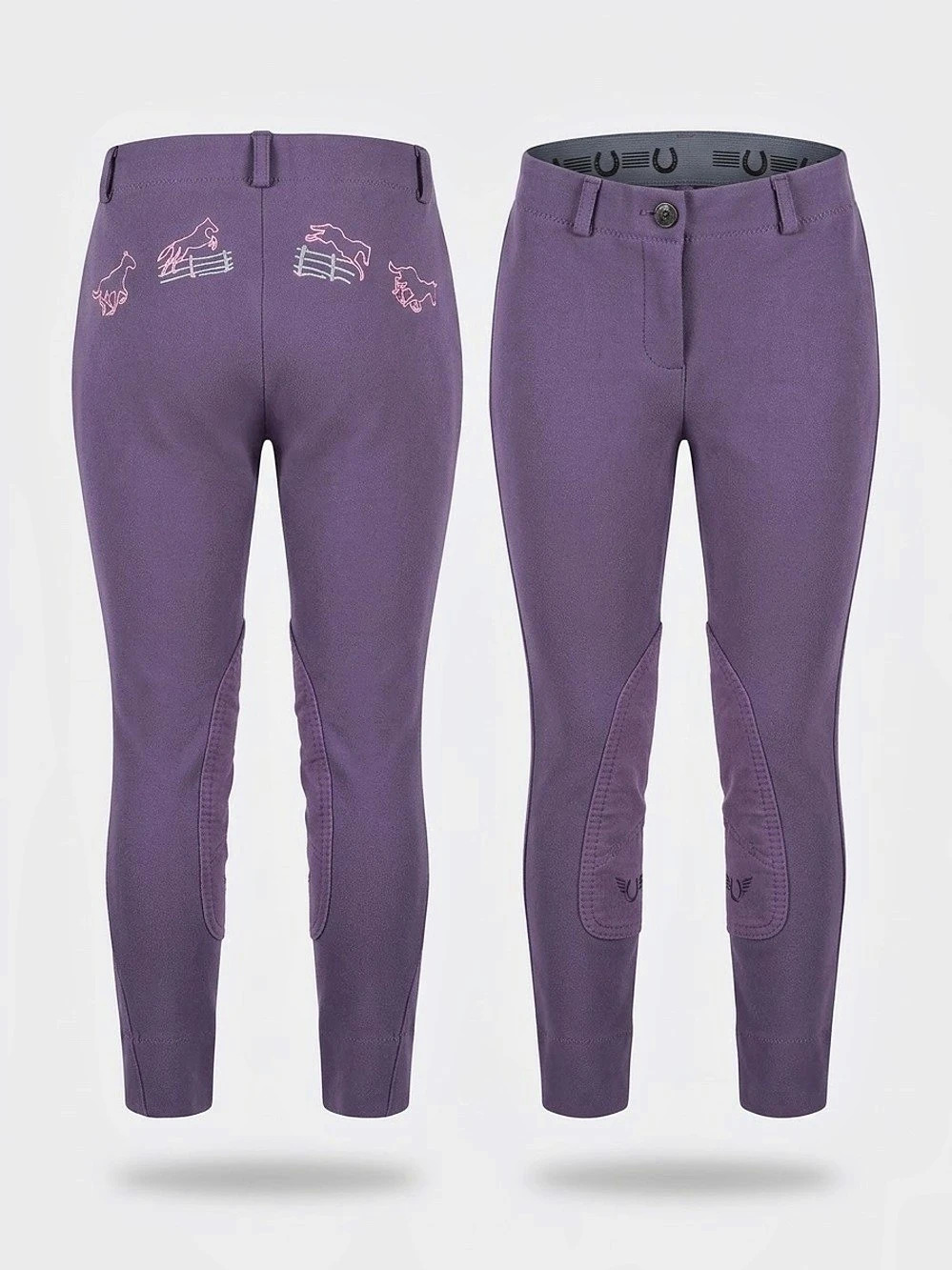 Purple Horseback Riding Breeches Jodhpurs with Pink Embroidered Horses Size 8 (F